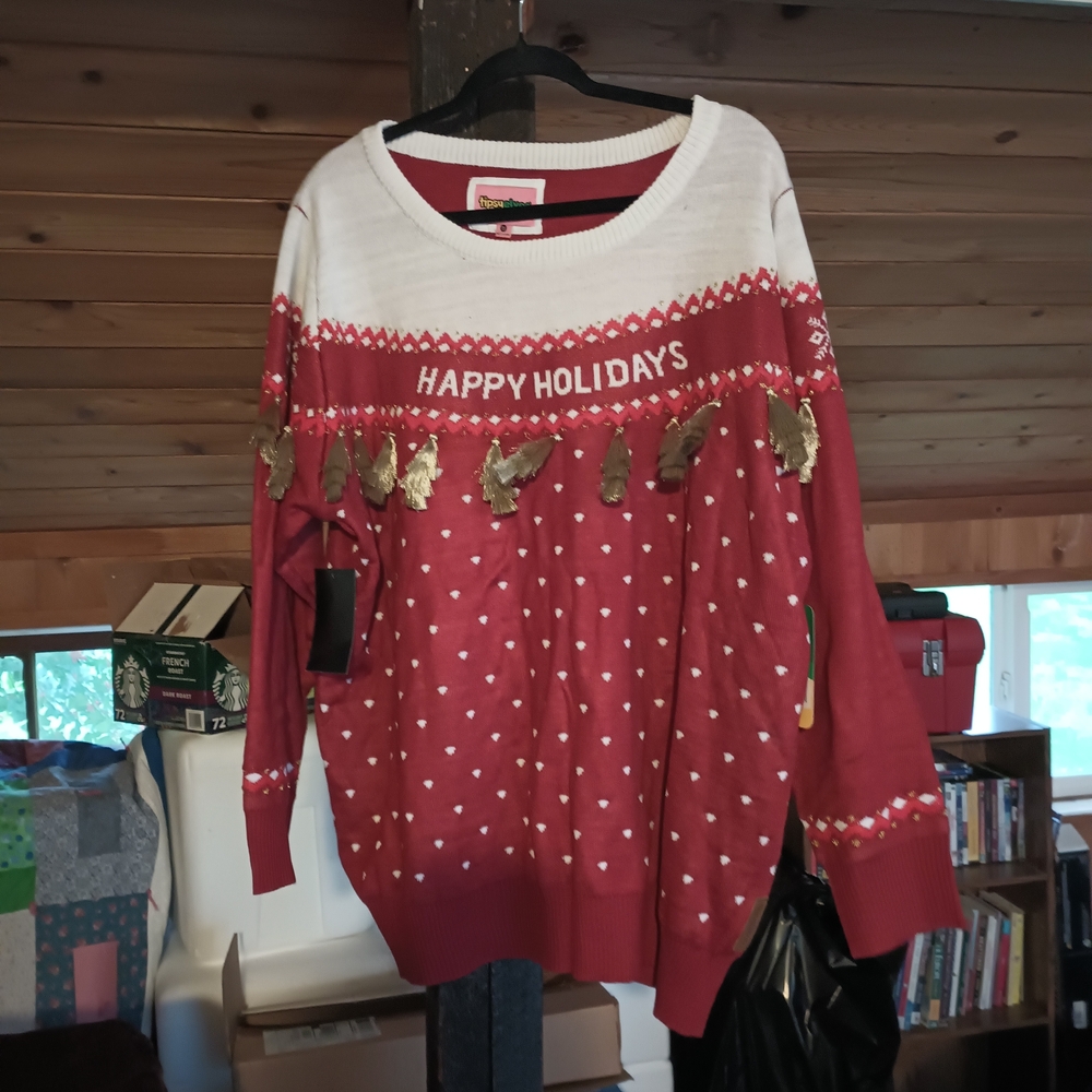 Red and White Holiday Sweater with Gold Accents